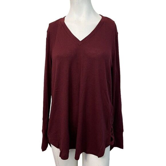 Large Maroon Long Sleeve Blouse V Neck Tunic Lightweight Stretch Doe & Rae NWT - Picture 1 of 5